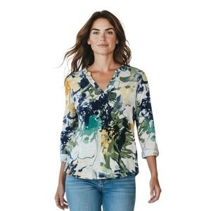 Chico's Size 1 US M Floral Top 100% Linen Jersey Knit V- Neck 3/4 Sleeves